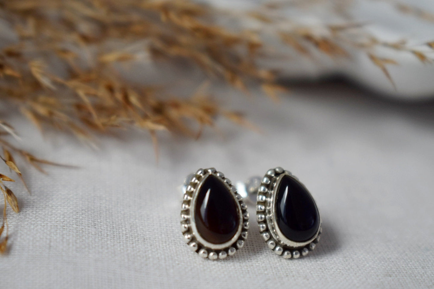 Mother's day gifts, Boho Black Onyx Stud Earrings, Teardrop Natural Stone Sterling Silver Handmade Jewelry, Ornament Gemstone Gothic Studs