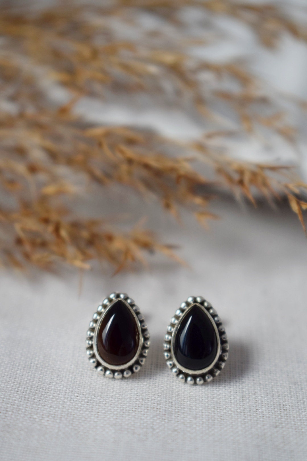 Mother's day gifts, Boho Black Onyx Stud Earrings, Teardrop Natural Stone Sterling Silver Handmade Jewelry, Ornament Gemstone Gothic Studs