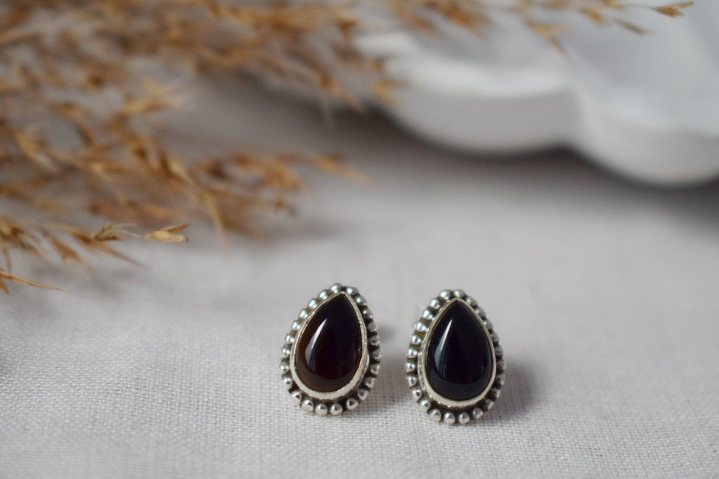 Mother's day gifts, Boho Black Onyx Stud Earrings, Teardrop Natural Stone Sterling Silver Handmade Jewelry, Ornament Gemstone Gothic Studs