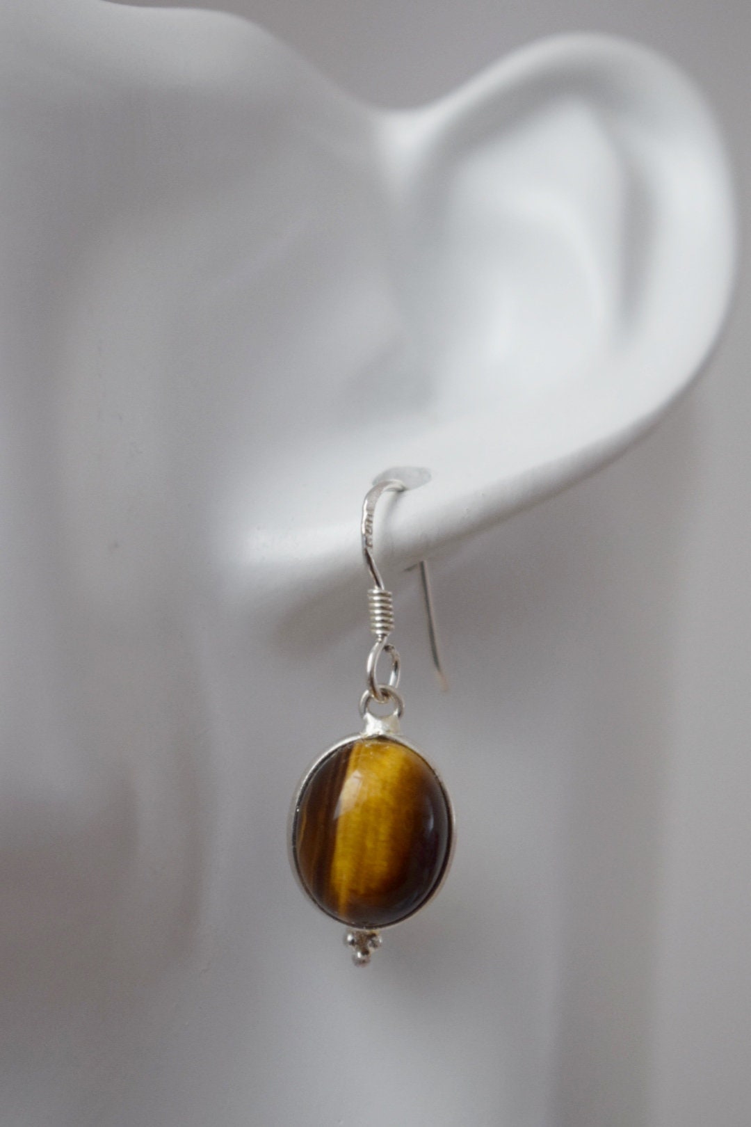 Tiger's eye earrings, Sterling silver gemstone jewelry, Oval natural stone, Lightweight dangle earrings, Unique mother's day gift for her