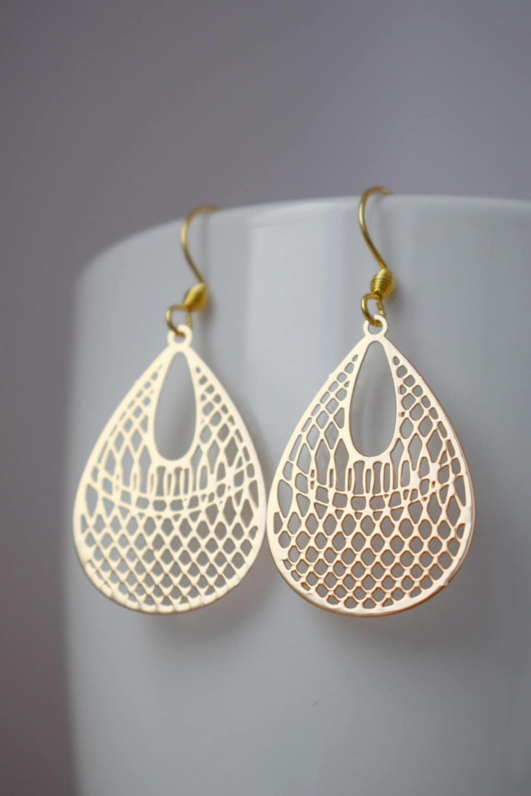 Teardrop Ornament earrings for women, Boho filigree gold earrings, 18k gold plated stainless steel earrings hooks, Jewelry gift for her
