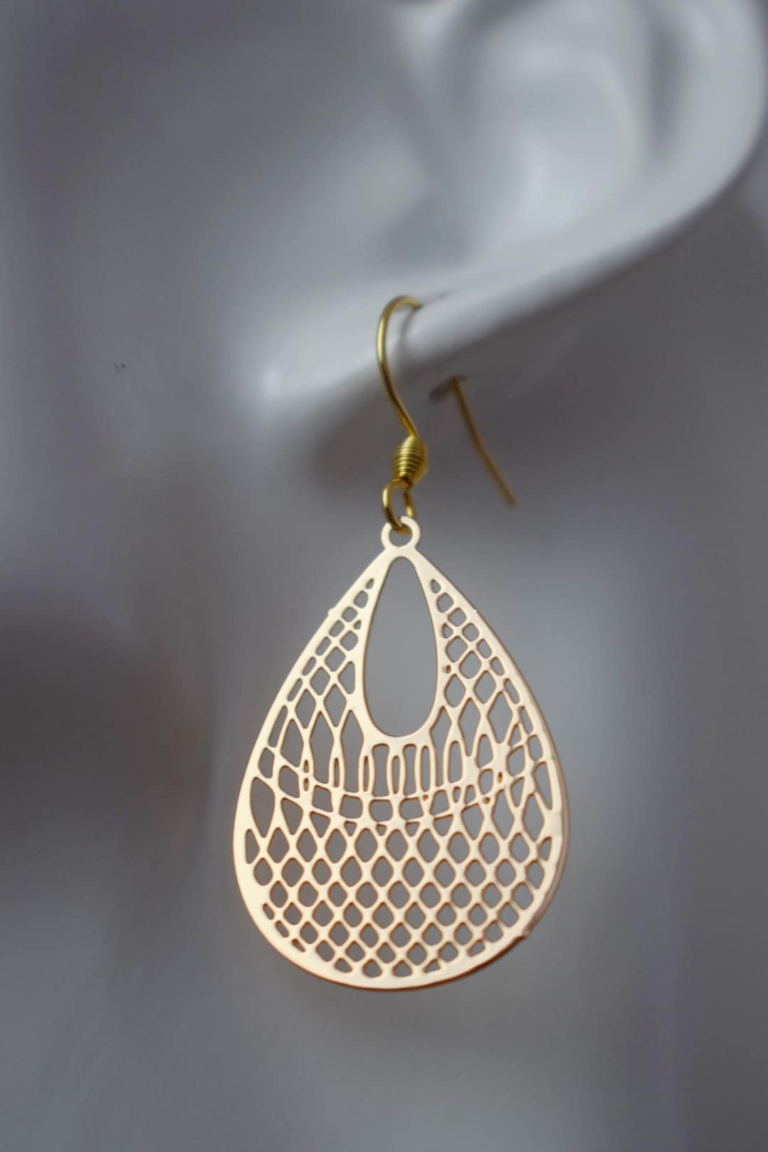 Teardrop Ornament earrings for women, Boho filigree gold earrings, 18k gold plated stainless steel earrings hooks, Jewelry gift for her