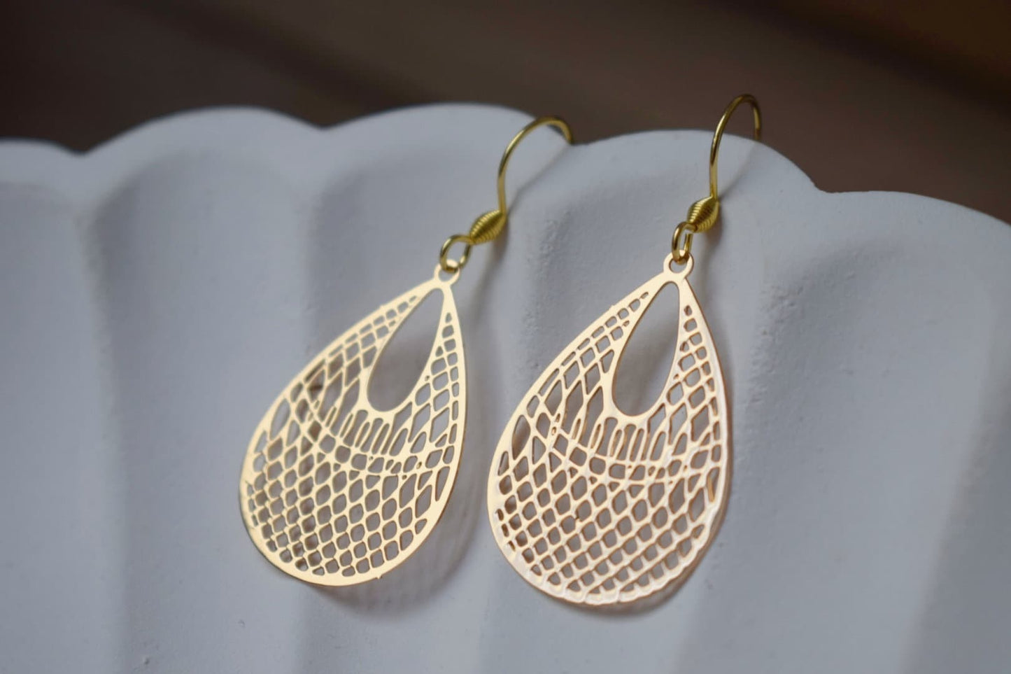 Teardrop Ornament earrings for women, Boho filigree gold earrings, 18k gold plated stainless steel earrings hooks, Jewelry gift for her