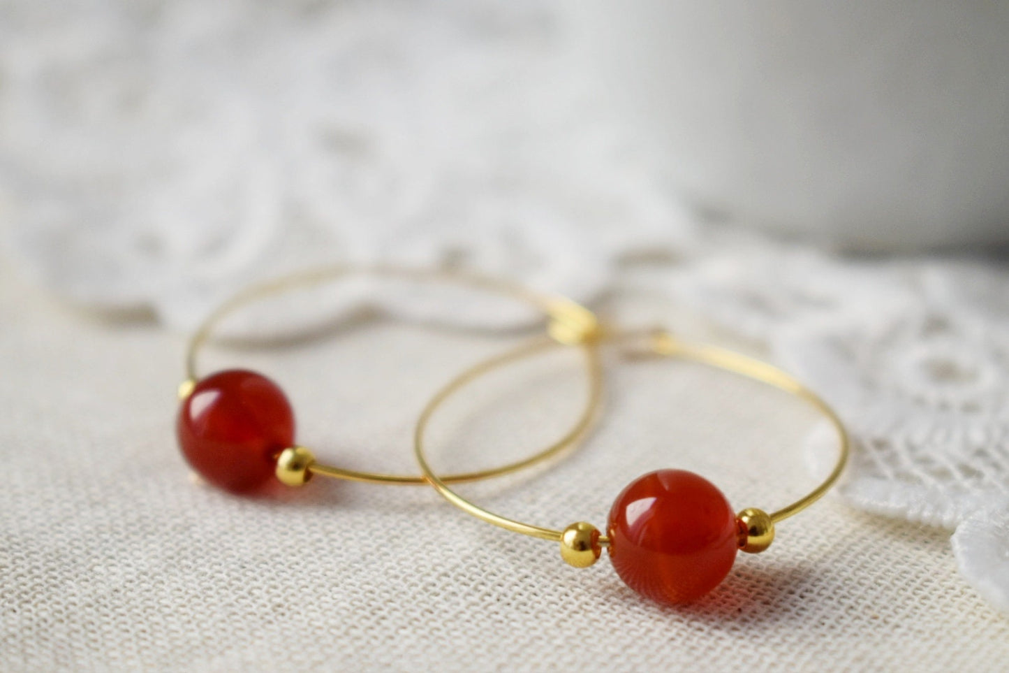 Carnelian Hoop Earrings, Gemstone Bead, 18k Gold Plated Stainless Steel, Boho, Bohemian Hoop Earrings, Gift For Her, Carnelian Jewelry
