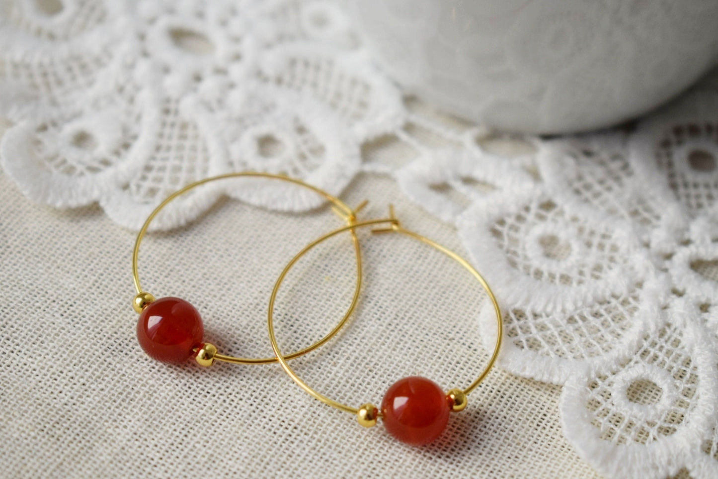 Carnelian Hoop Earrings, Gemstone Bead, 18k Gold Plated Stainless Steel, Boho, Bohemian Hoop Earrings, Gift For Her, Carnelian Jewelry