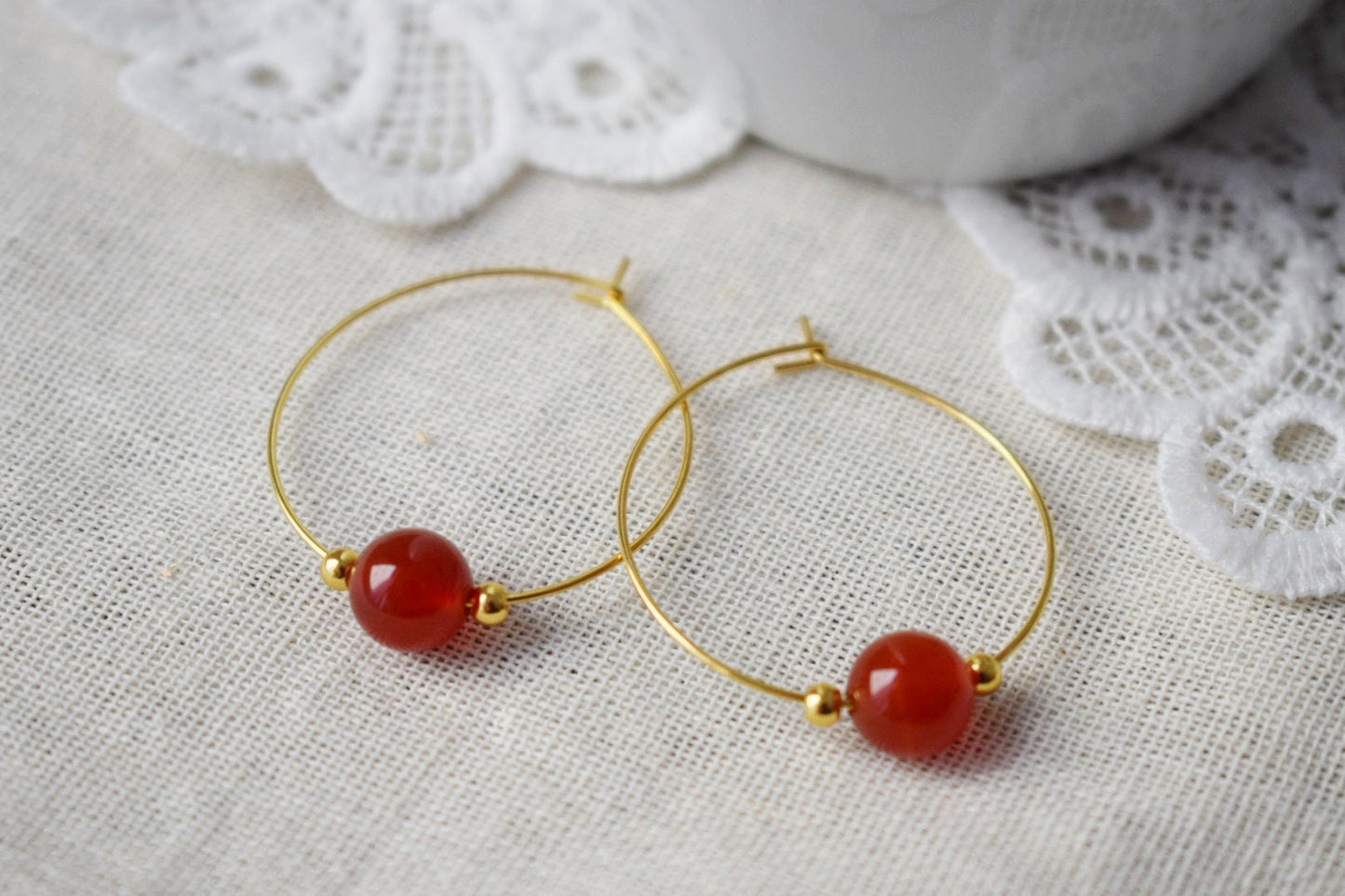 Carnelian Hoop Earrings, Gemstone Bead, 18k Gold Plated Stainless Steel, Boho, Bohemian Hoop Earrings, Gift For Her, Carnelian Jewelry