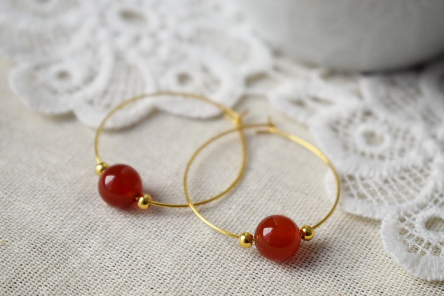 Carnelian Hoop Earrings, Gemstone Bead, 18k Gold Plated Stainless Steel, Boho, Bohemian Hoop Earrings, Gift For Her, Carnelian Jewelry