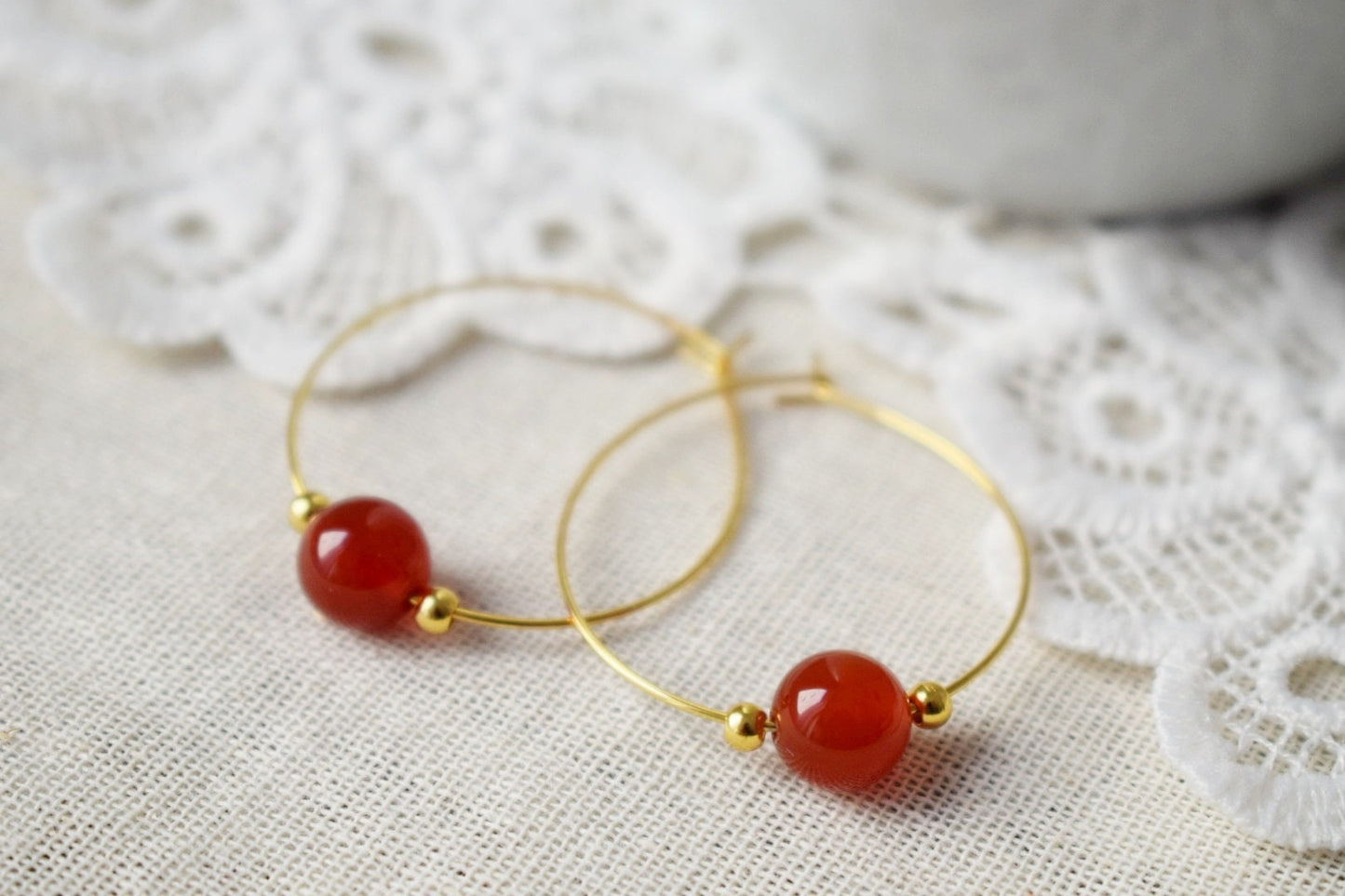 Carnelian Hoop Earrings, Gemstone Bead, 18k Gold Plated Stainless Steel, Boho, Bohemian Hoop Earrings, Gift For Her, Carnelian Jewelry