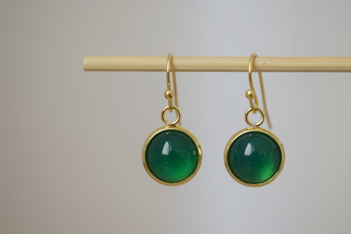 Green agate earrings, Small gemstone dangle earrings, Round 24k gold plated stainless steel pendant huggies, Minimalist jewelry gift for her