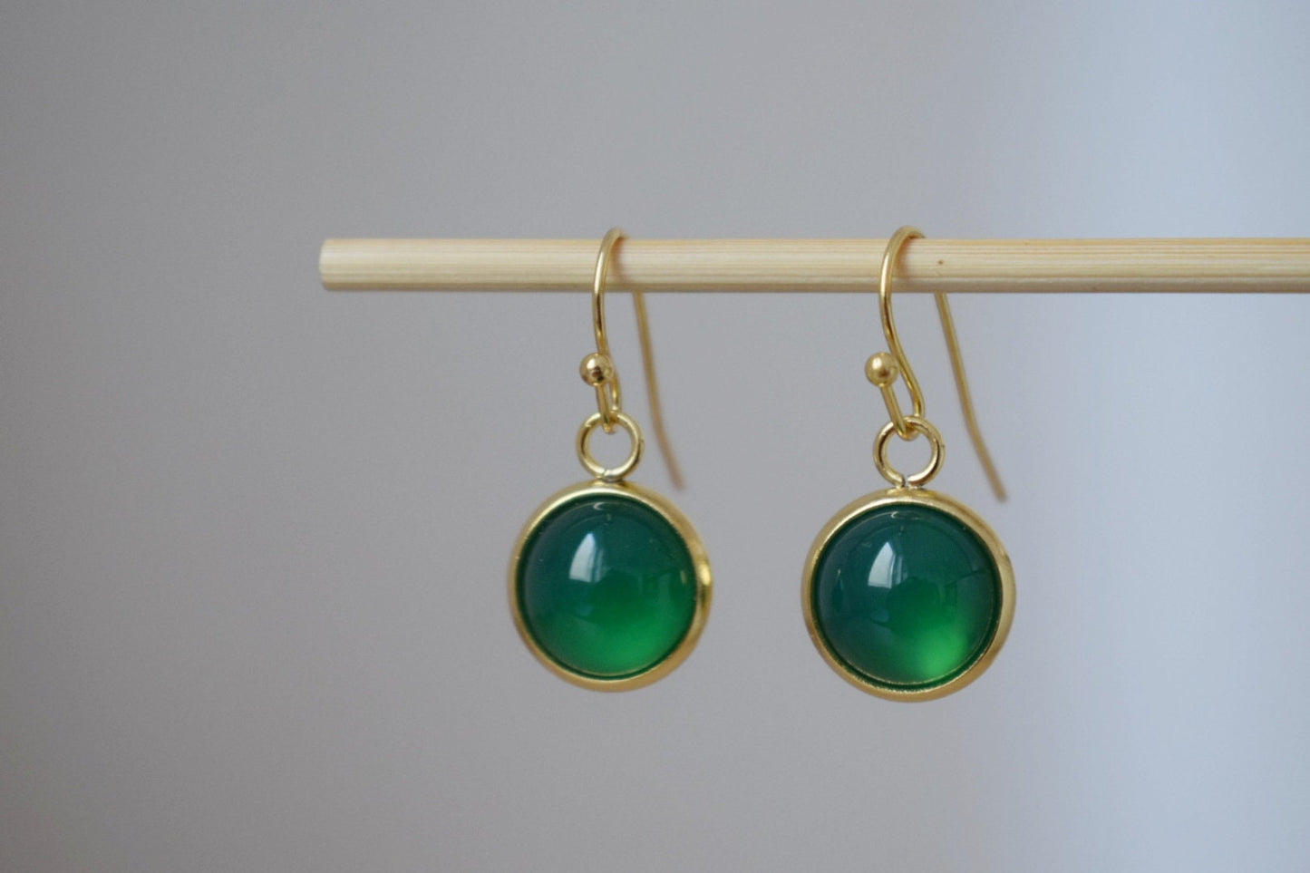 Green agate earrings, Small gemstone dangle earrings, Round 24k gold plated stainless steel pendant huggies, Minimalist jewelry gift for her