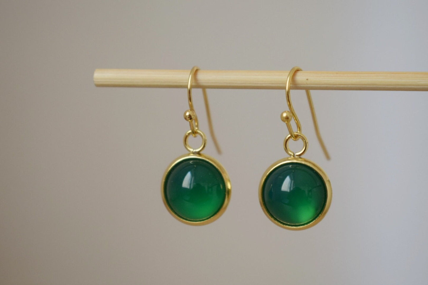 Green agate earrings, Small gemstone dangle earrings, Round 24k gold plated stainless steel pendant huggies, Minimalist jewelry gift for her