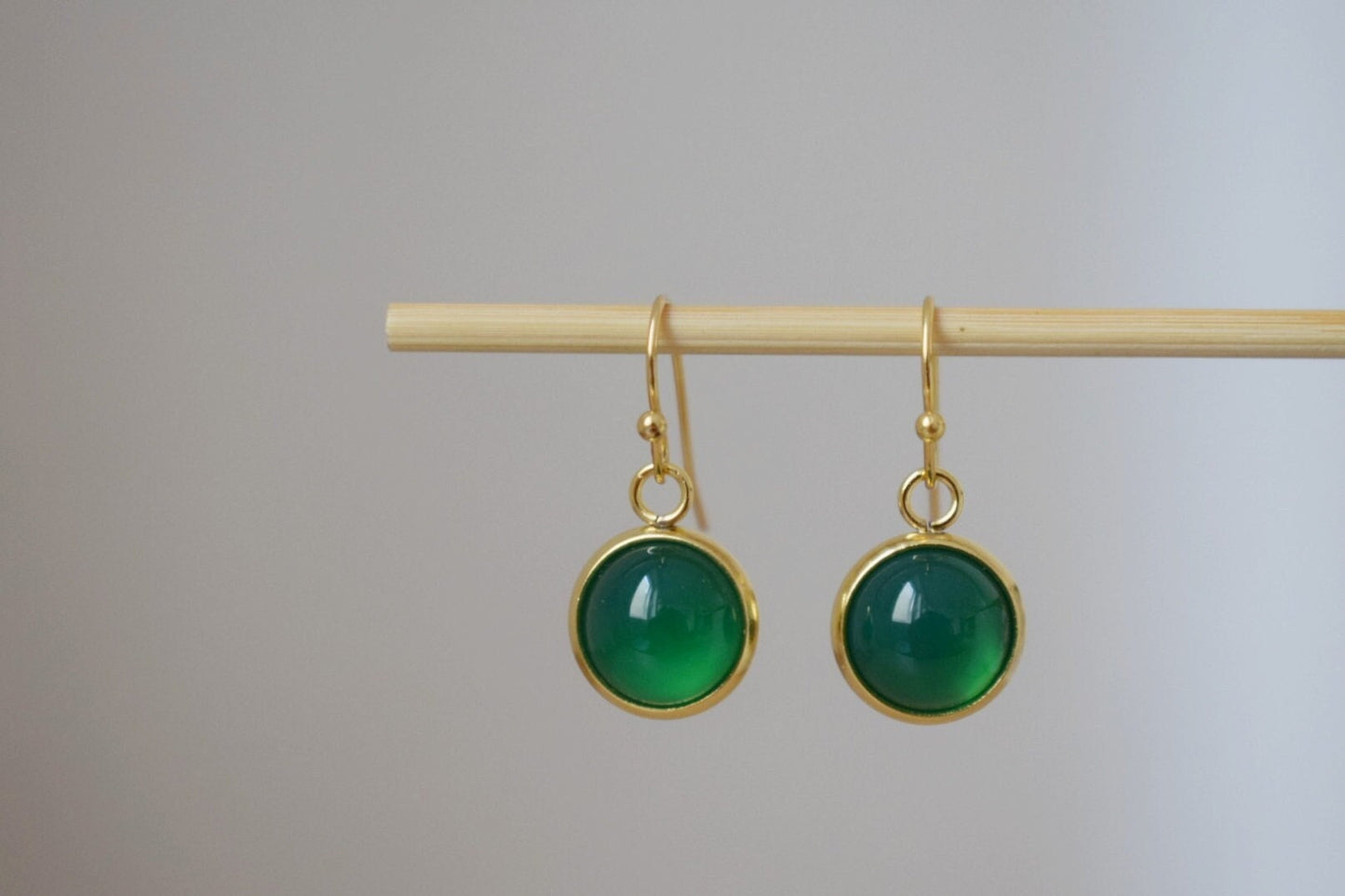 Green agate earrings, Small gemstone dangle earrings, Round 24k gold plated stainless steel pendant huggies, Minimalist jewelry gift for her