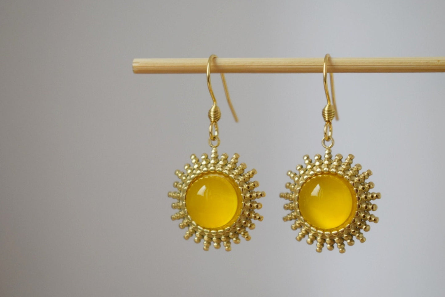 Sun earrings gold, Yellow agate earrings, Sun rays earrings, Sunburst, Gemstone earrings, Celestial, Glowing jewelry, Gift for her