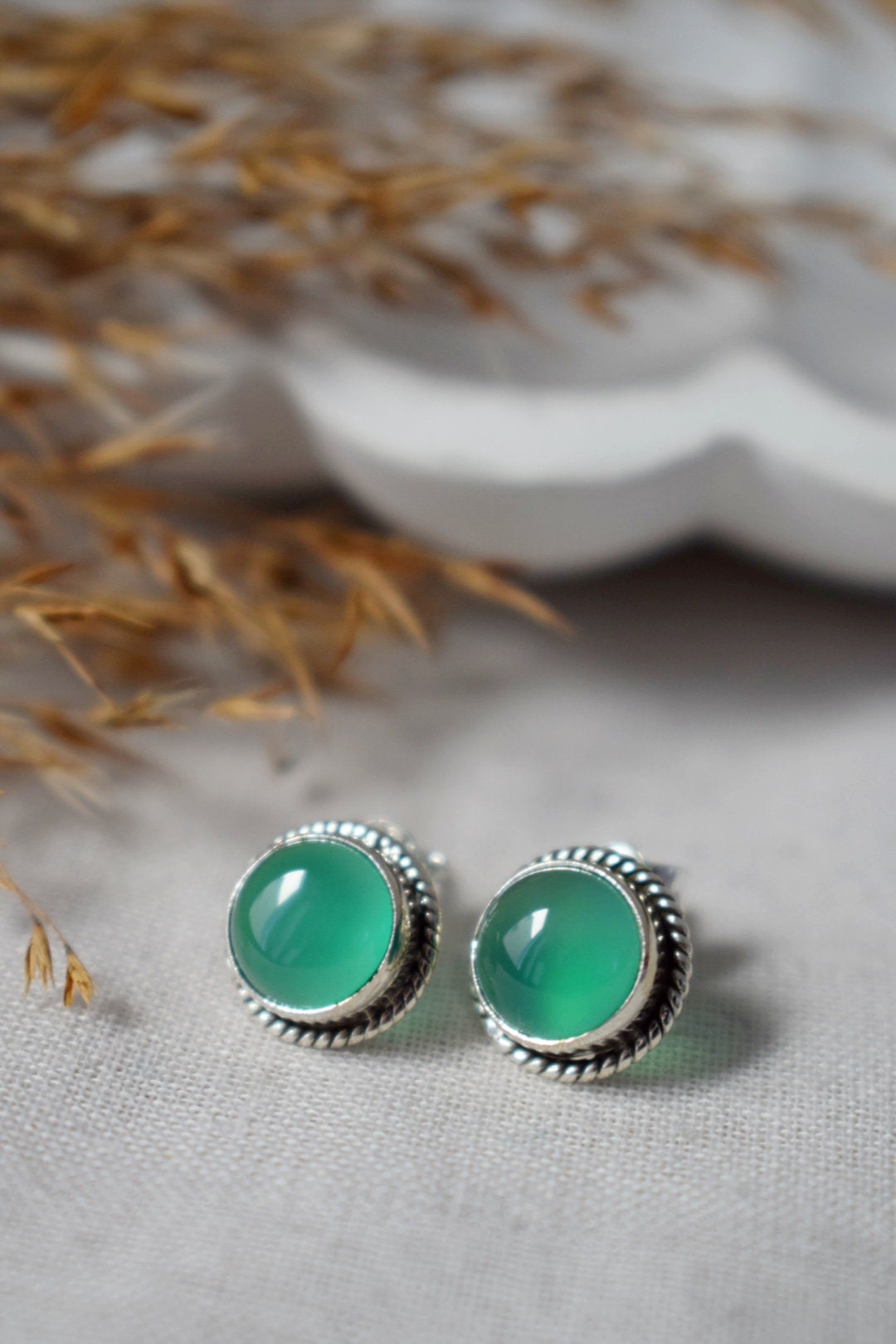 Green Onyx Stud Earrings Sterling Silver, Small Round Gemstone Push Back Earrings, Natural stone, Minimalist Earrings, Handmade Jewelry