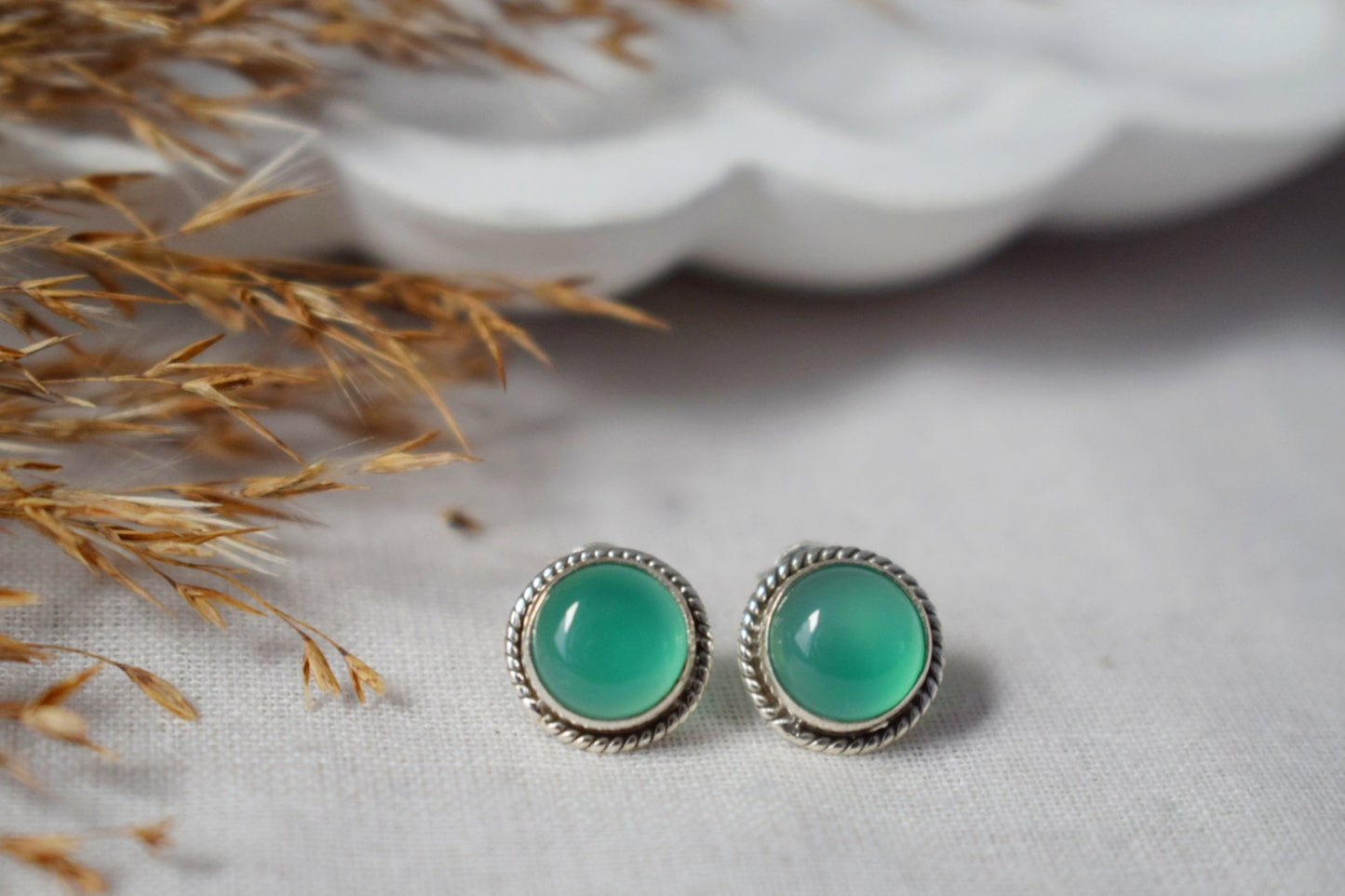 Green Onyx Stud Earrings Sterling Silver, Small Round Gemstone Push Back Earrings, Natural stone, Minimalist Earrings, Handmade Jewelry