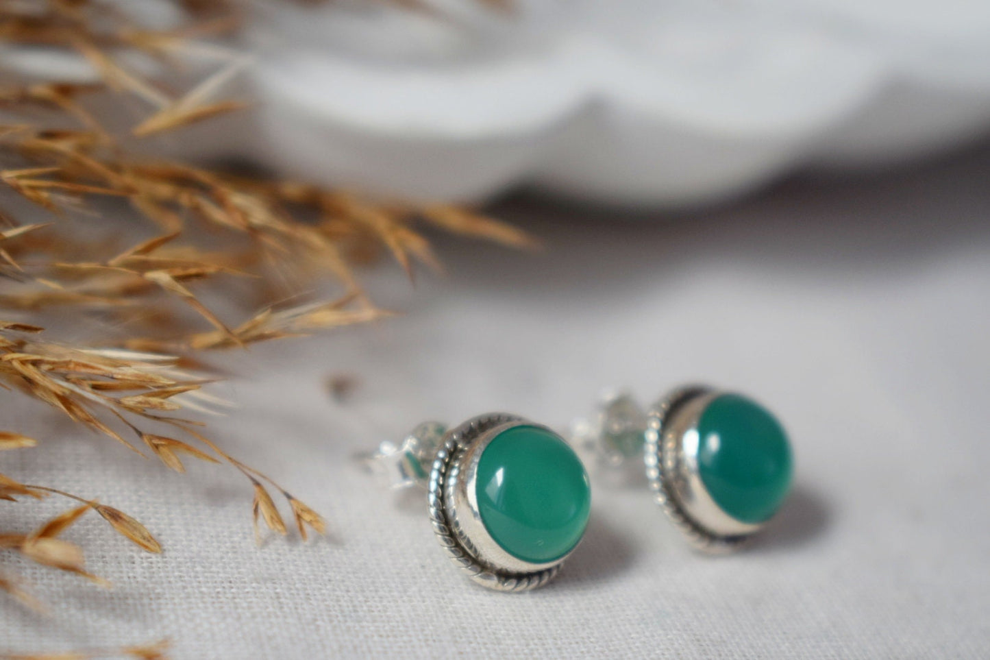 Green Onyx Stud Earrings Sterling Silver, Small Round Gemstone Push Back Earrings, Natural stone, Minimalist Earrings, Handmade Jewelry