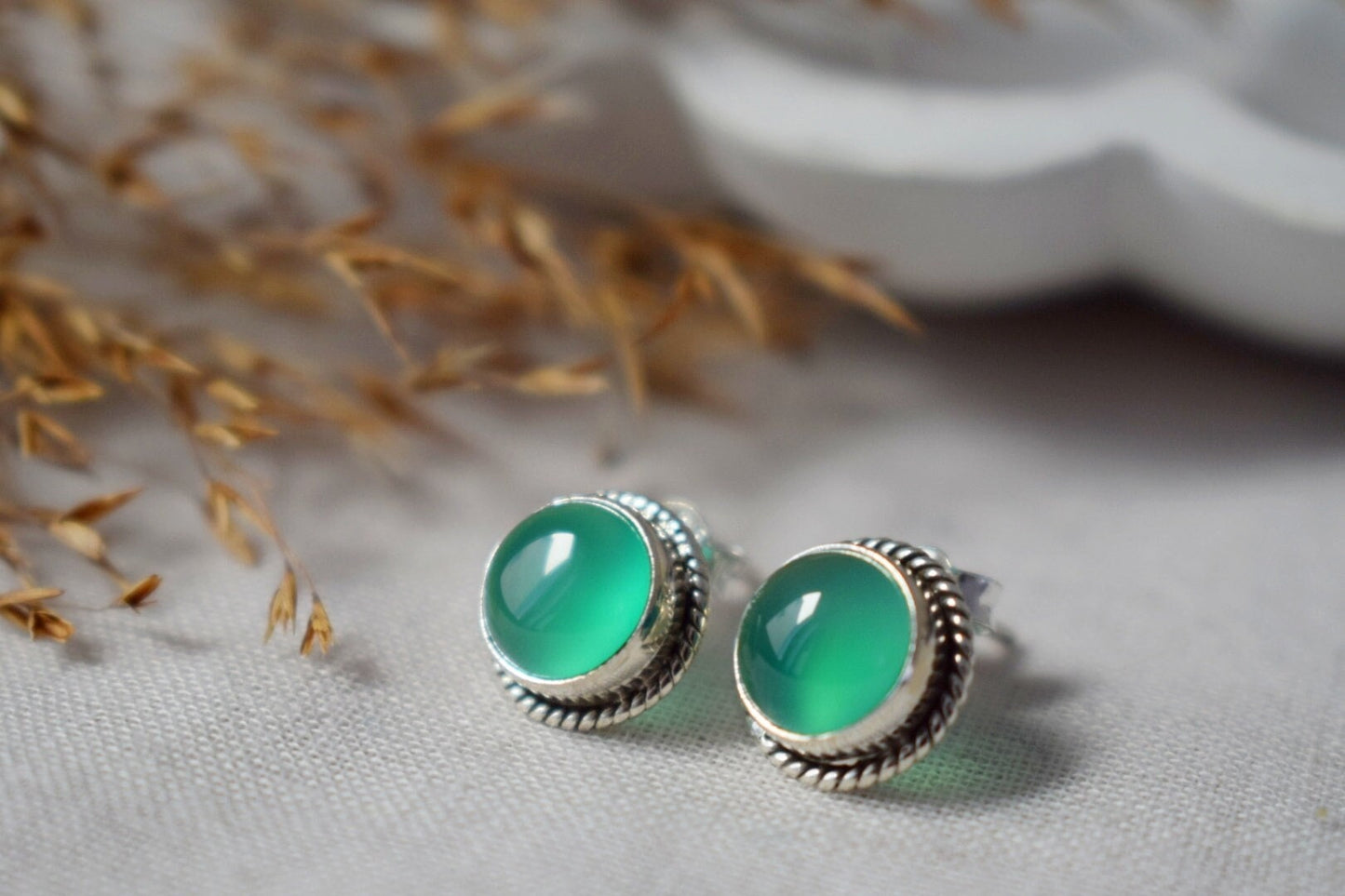 Green Onyx Stud Earrings Sterling Silver, Small Round Gemstone Push Back Earrings, Natural stone, Minimalist Earrings, Handmade Jewelry