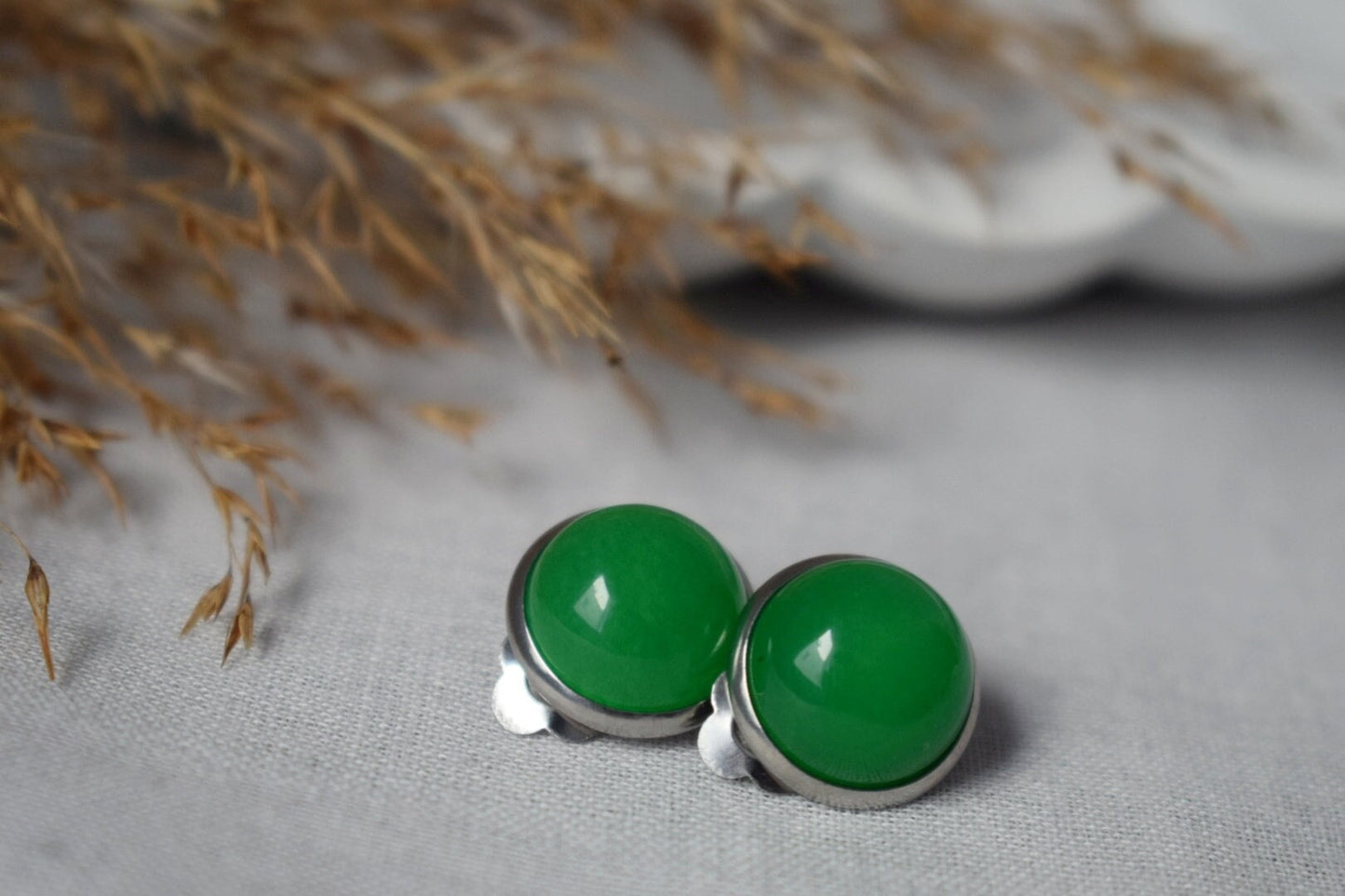 Green jade clip on earrings, 10mm Gemstone ear clips, Surgical stainless steel, Round no hole earrings, Non pierced earrings, Jewelry gift