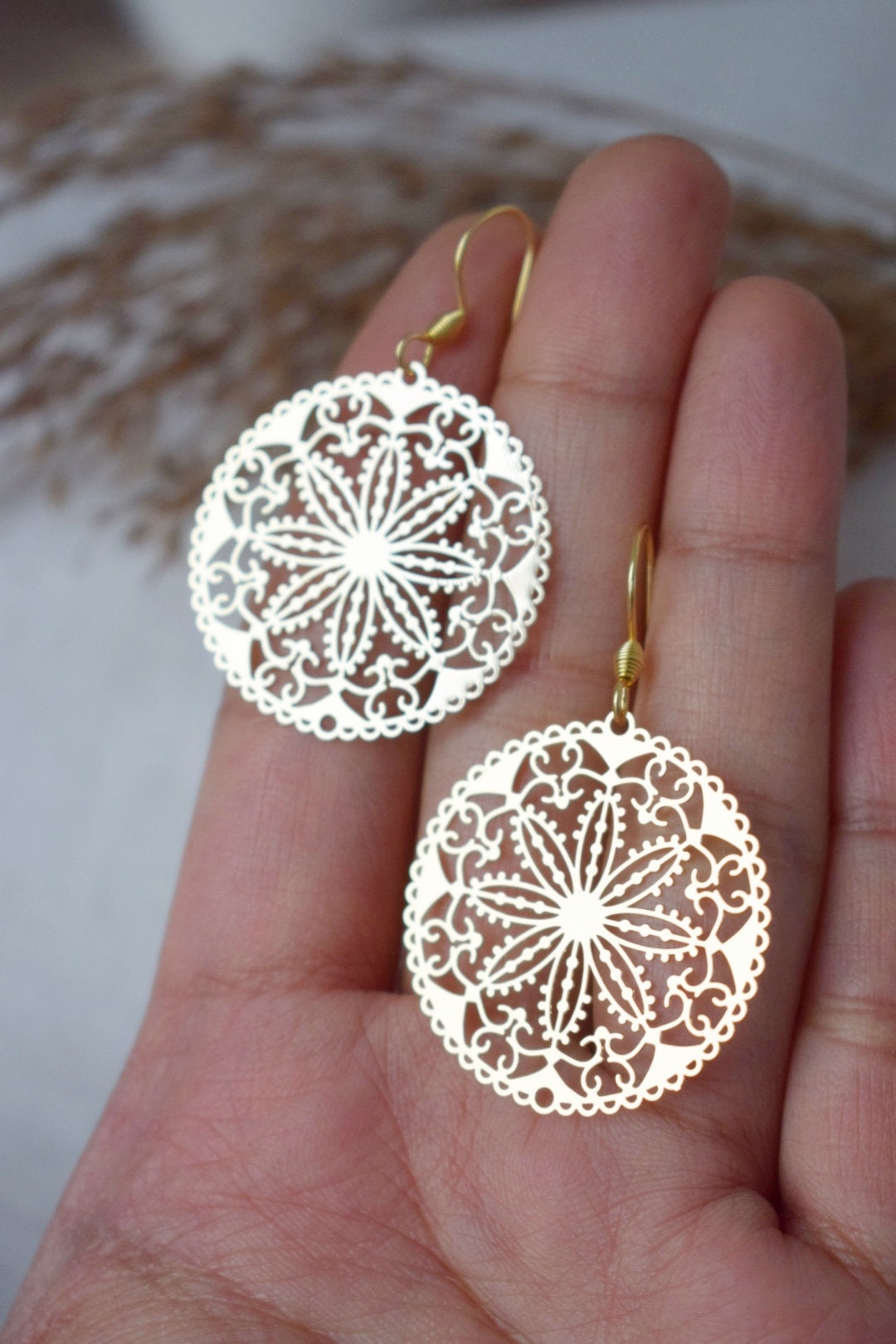 Ornament earrings for women, Mandala gold earrings, Stainless steel earrings, Boho filigree flower earrings, Mandala jewelry, Gift for her