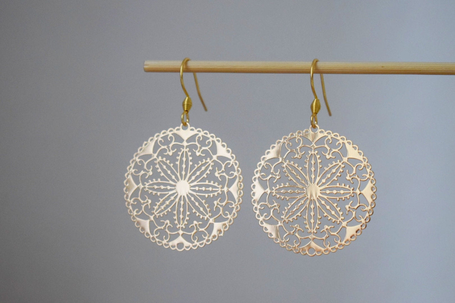 Ornament earrings for women, Mandala gold earrings, Stainless steel earrings, Boho filigree flower earrings, Mandala jewelry, Gift for her