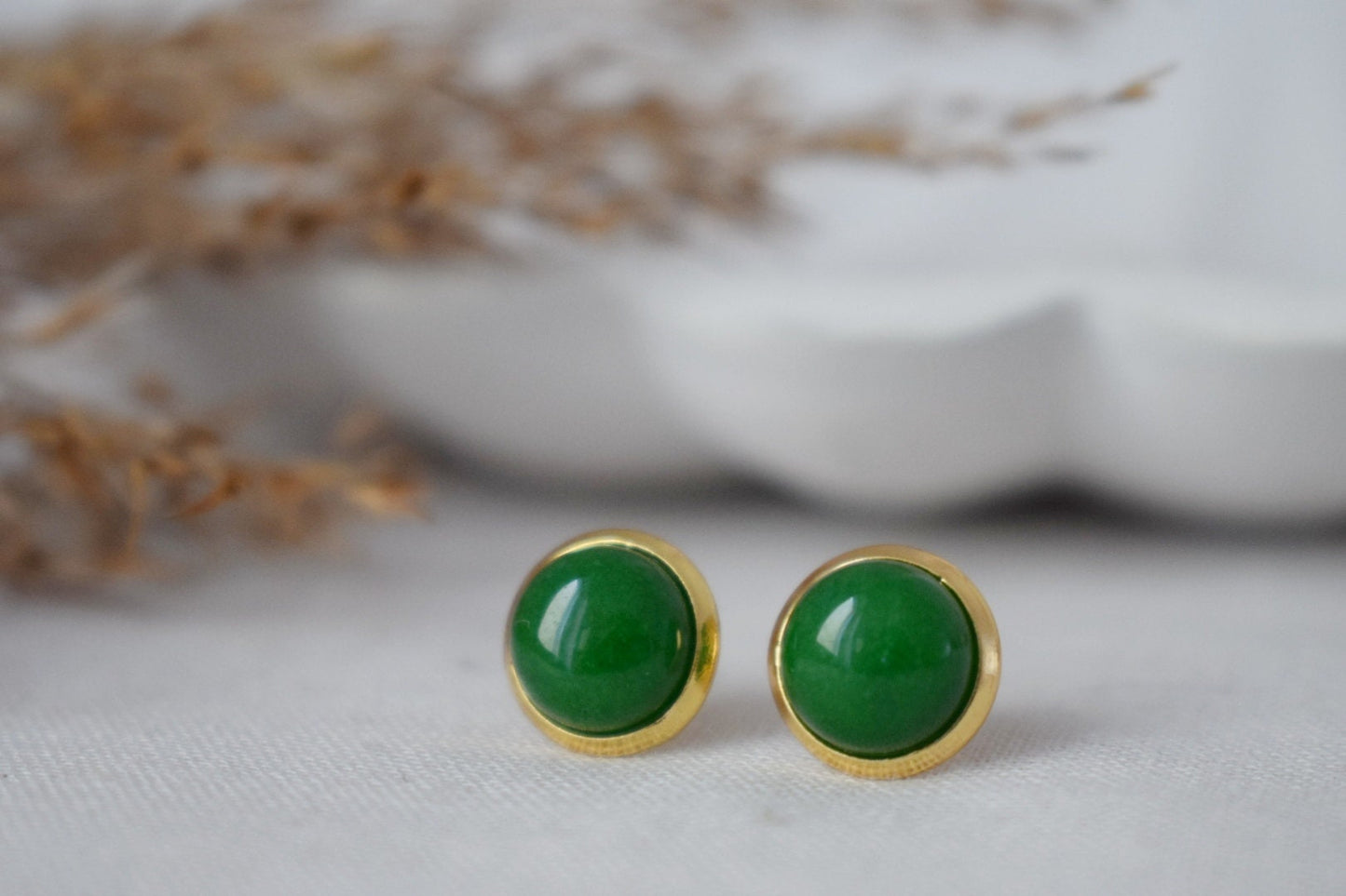 Green Jade Stud Earrings, 8mm Minimalist Gemstone Earrings, 18k Gold Plated Jewelry, Birthday Anniversary Gift For Her