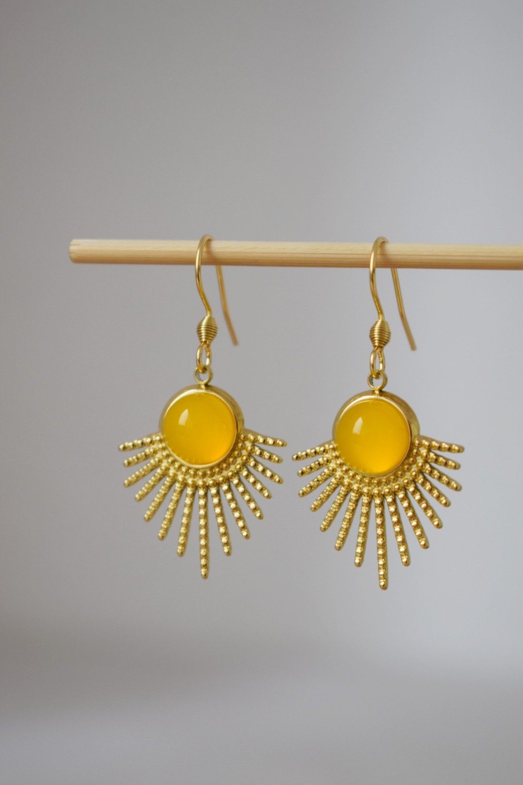 Sun earrings, Yellow agate earrings, Sun rays earrings, Sunburst, Gemstone earrings, Celestial, Gold plated glowing jewelry, Gift for her
