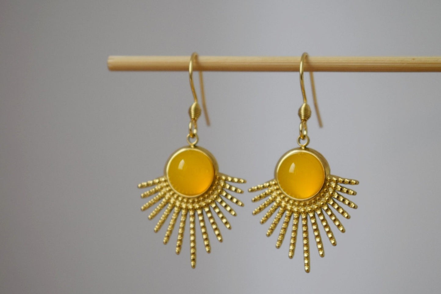 Sun earrings, Yellow agate earrings, Sun rays earrings, Sunburst, Gemstone earrings, Celestial, Gold plated glowing jewelry, Gift for her