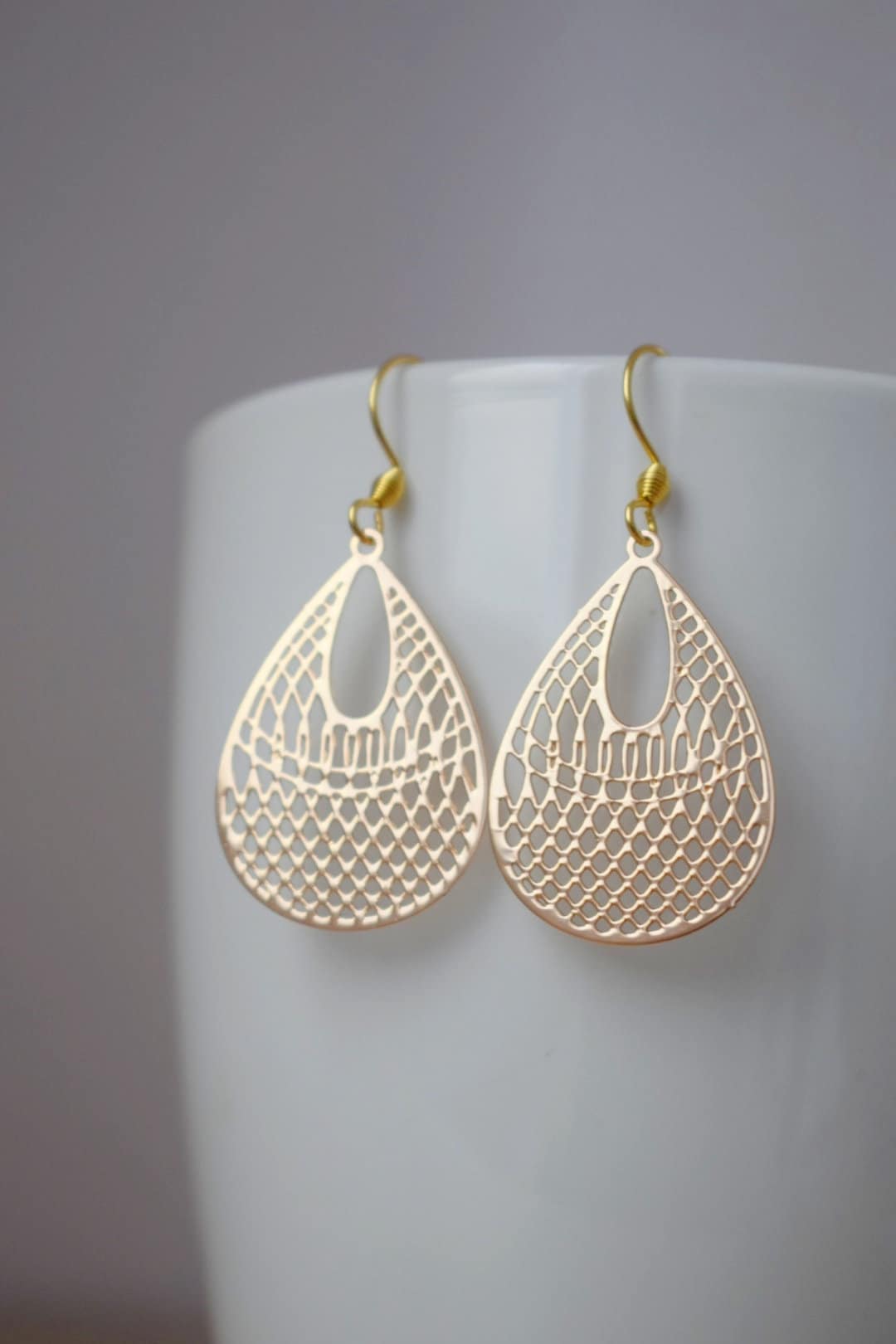 Teardrop Ornament earrings for women, Boho filigree gold earrings, 18k gold plated stainless steel earrings hooks, Jewelry gift for her