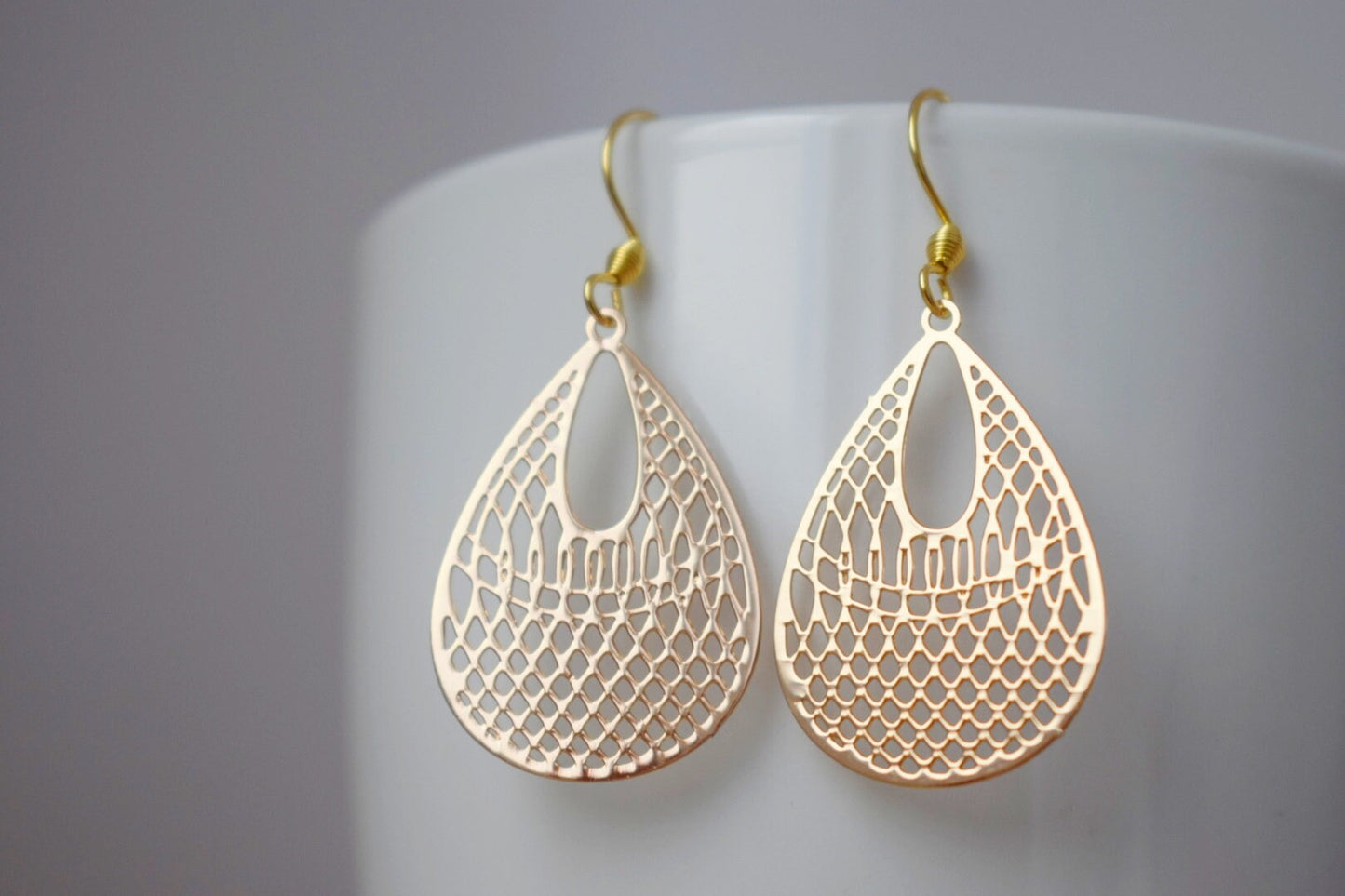 Teardrop Ornament earrings for women, Boho filigree gold earrings, 18k gold plated stainless steel earrings hooks, Jewelry gift for her