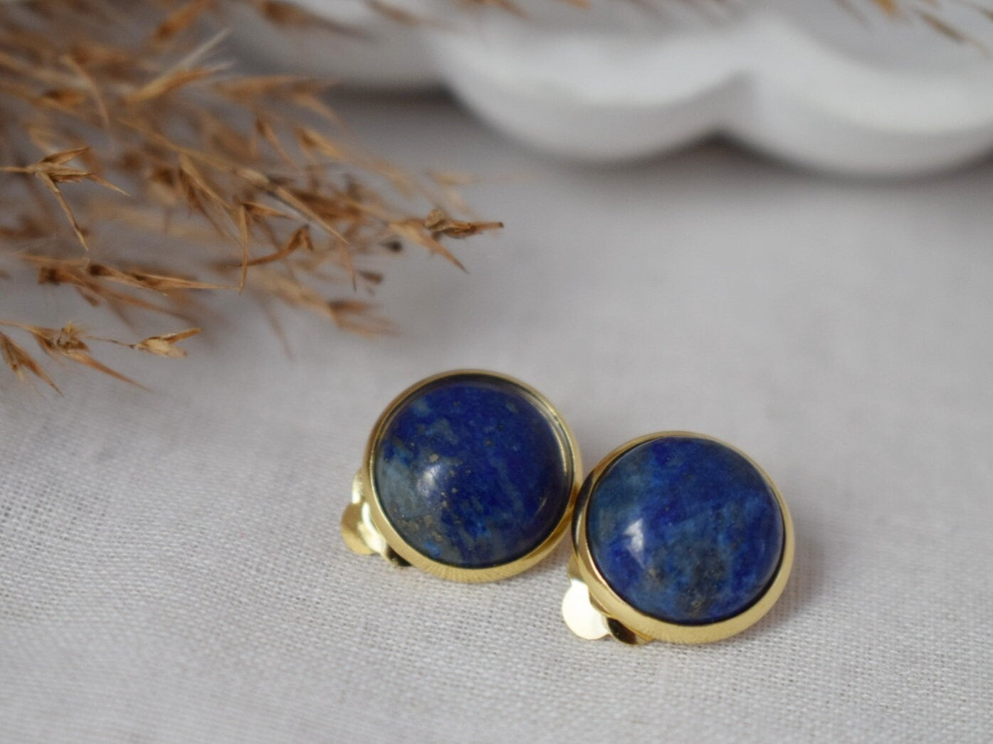 Gold plated clip on earrings lapis lazuli, Clip on earrings blue gemstone, Stainless steel, Round ear clips for women, Non pierced earrings