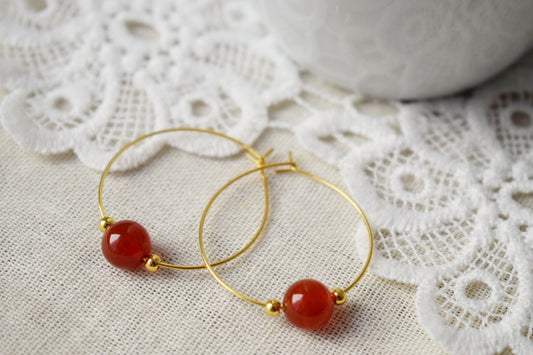 Carnelian Hoop Earrings, Gemstone Bead, 18k Gold Plated Stainless Steel, Boho, Bohemian Hoop Earrings, Gift For Her, Carnelian Jewelry