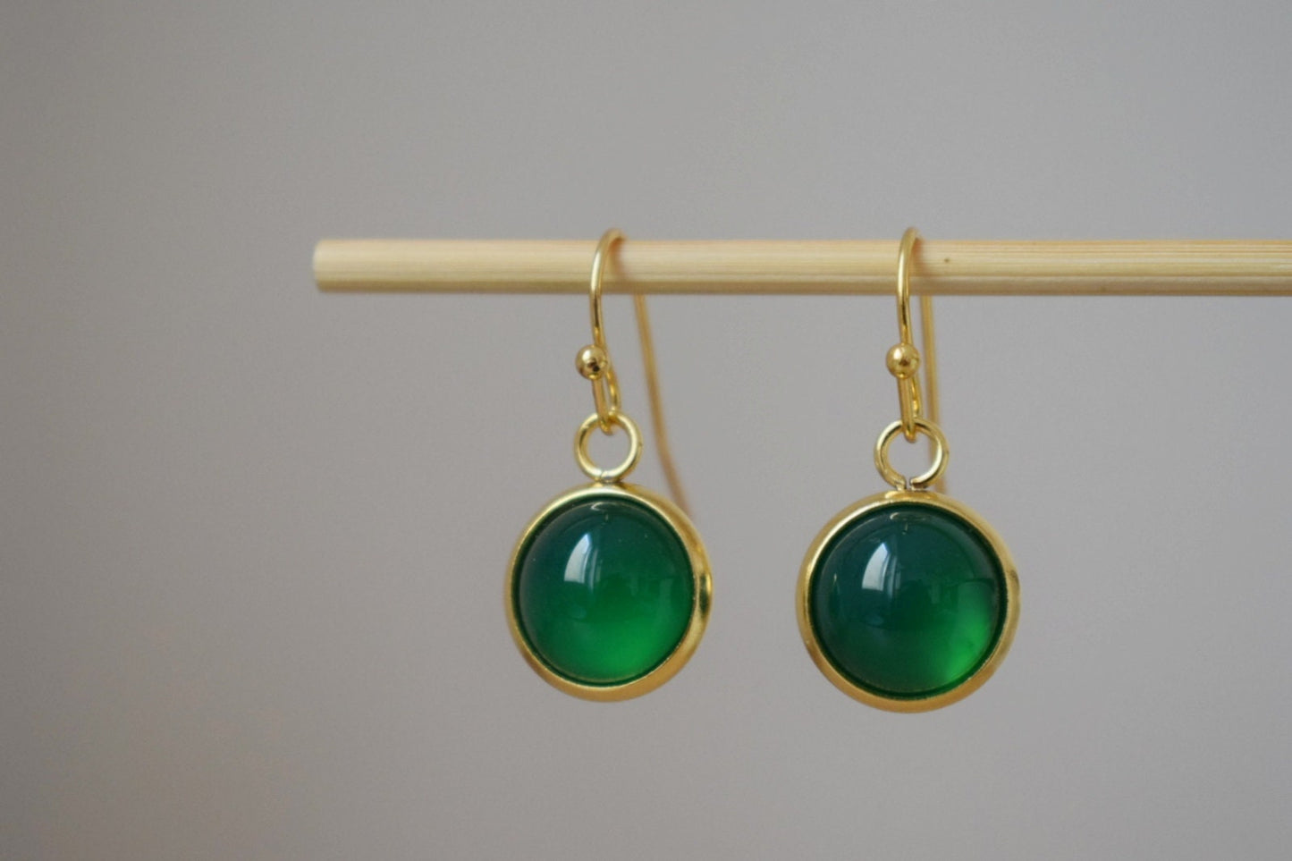 Green agate earrings, Small gemstone dangle earrings, Round 24k gold plated stainless steel pendant huggies, Minimalist jewelry gift for her