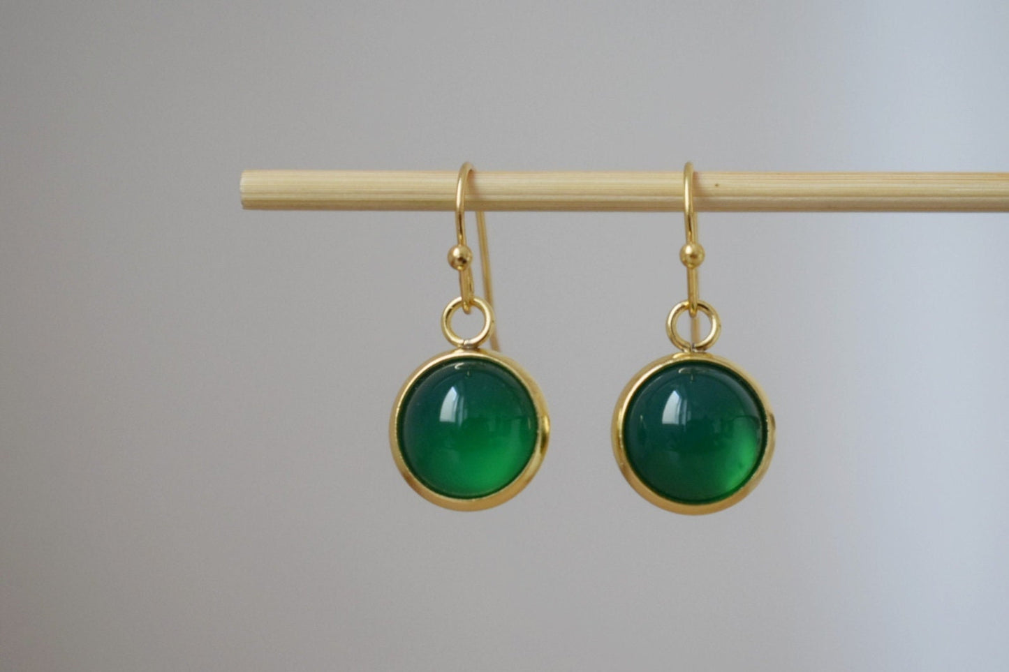 Green agate earrings, Small gemstone dangle earrings, Round 24k gold plated stainless steel pendant huggies, Minimalist jewelry gift for her
