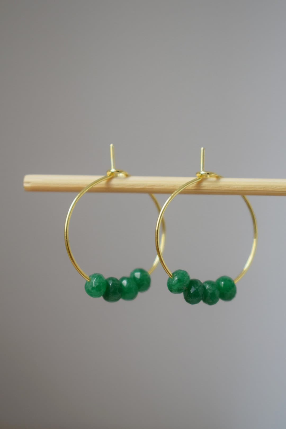 Green jade hoop earrings, Gemstone bead creole, 18k gold plated stainless steel, Emerald green, Minimalist, Boho handmade jewelry gift