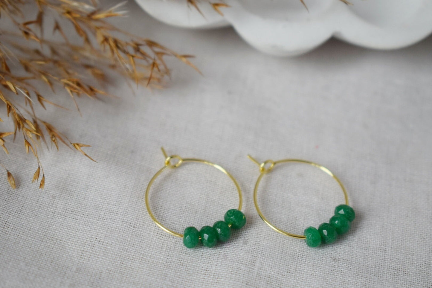 Green jade hoop earrings, Gemstone bead creole, 18k gold plated stainless steel, Emerald green, Minimalist, Boho handmade jewelry gift