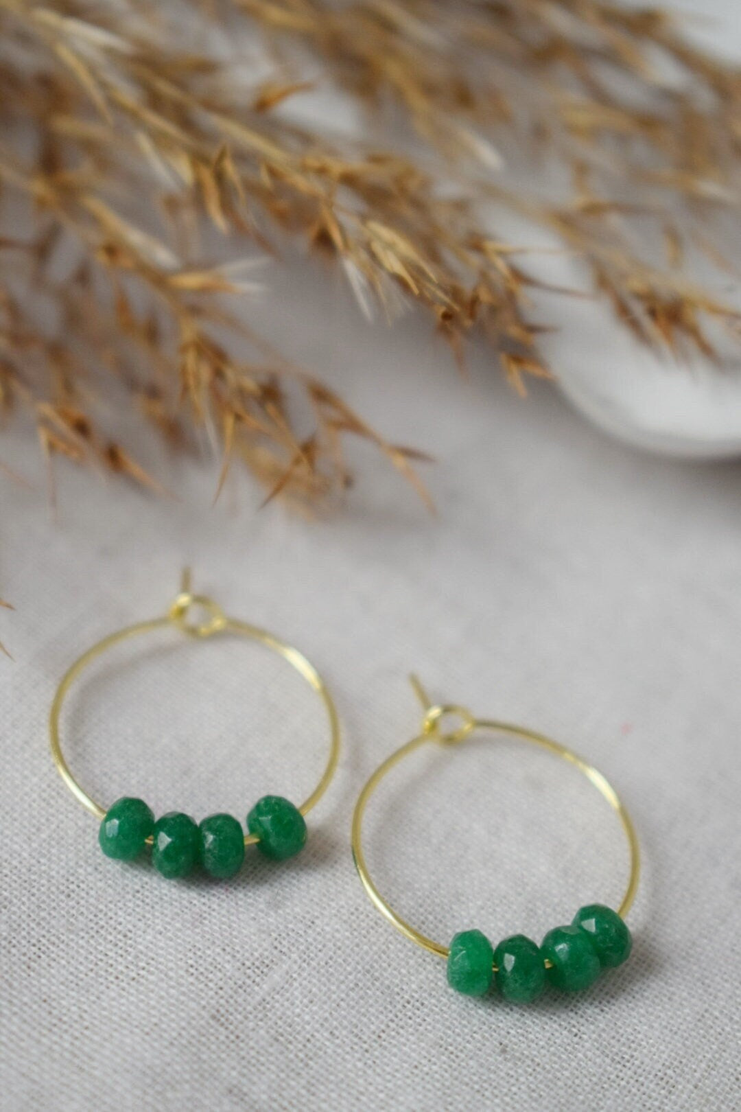 Green jade hoop earrings, Gemstone bead creole, 18k gold plated stainless steel, Emerald green, Minimalist, Boho handmade jewelry gift