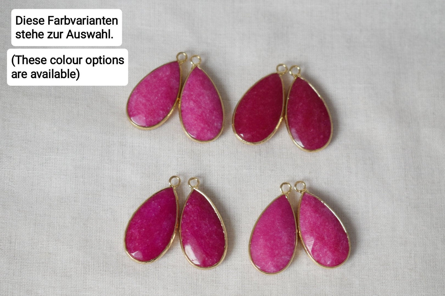 Teardrop pink jade huggie earrings, Long gold plated gemstone earrings, Faceted magenta pendant earrings, Stainless steel, Jade jewelry