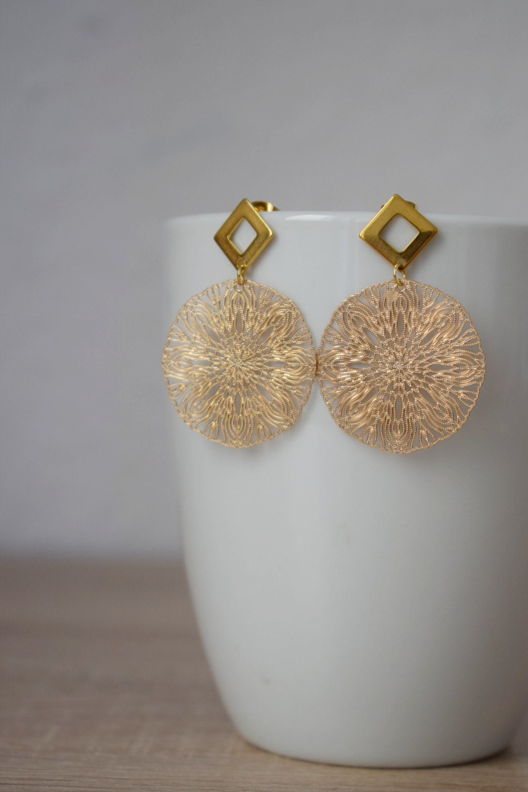 Ornament earrings for women, Mandala stud earrings, Rhombus studs, Gold plated stainless steel studs, Boho filigree earrings, Jewelry gift