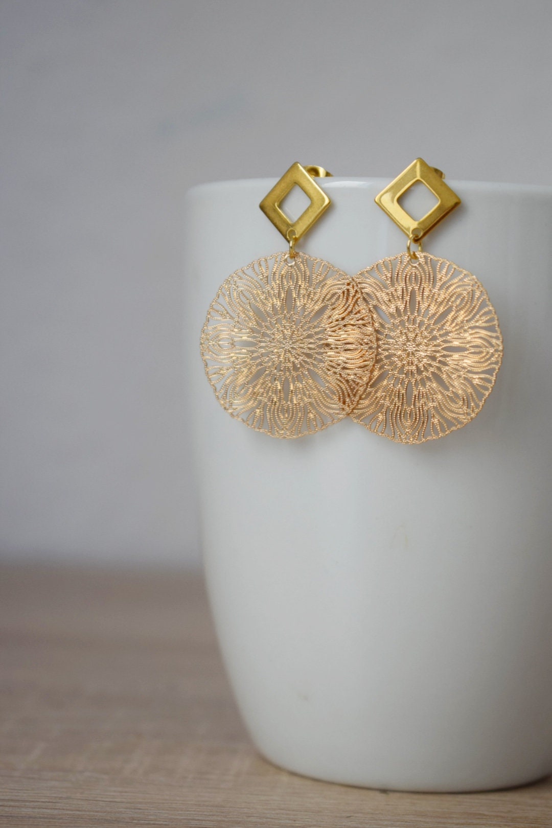 Ornament earrings for women, Mandala stud earrings, Rhombus studs, Gold plated stainless steel studs, Boho filigree earrings, Jewelry gift