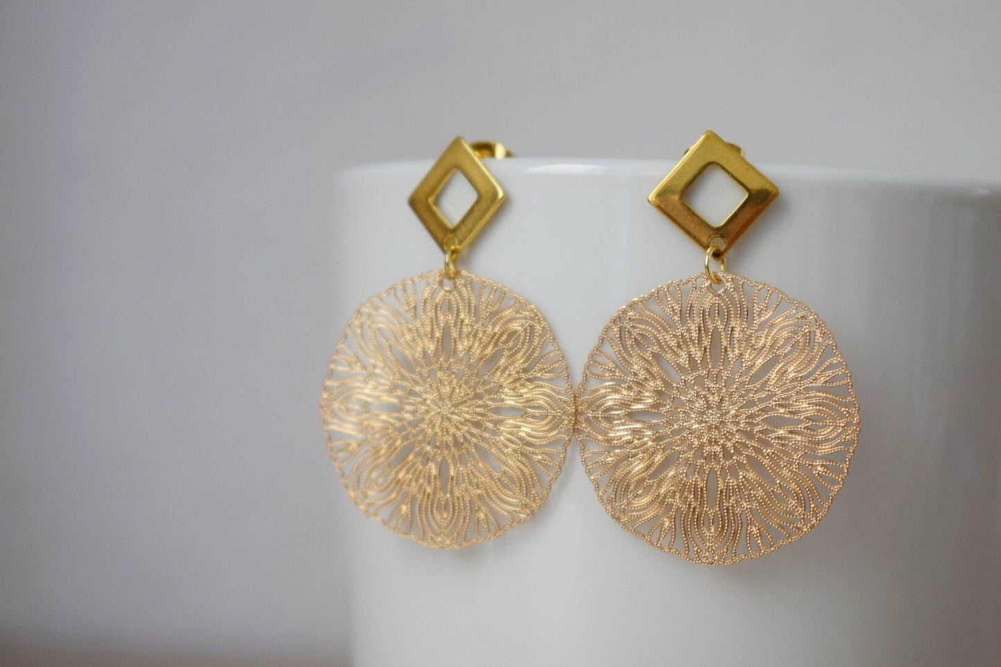 Ornament earrings for women, Mandala stud earrings, Rhombus studs, Gold plated stainless steel studs, Boho filigree earrings, Jewelry gift