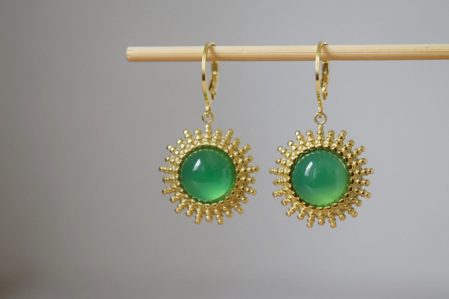Ornament green agate earrings, Flower dangling earrings, Gemstone huggie hoops, Natural stone, Handmade jewelry gift for her