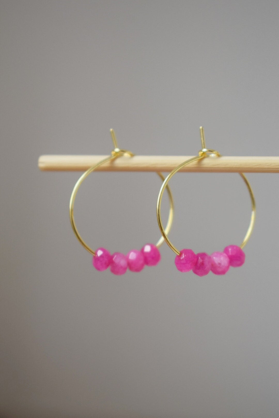 Pink jade hoop earrings, Gemstone bead creole, 18k gold plated stainless steel hoop, Minimalist earrings, Boho handmade jewelry gift for her