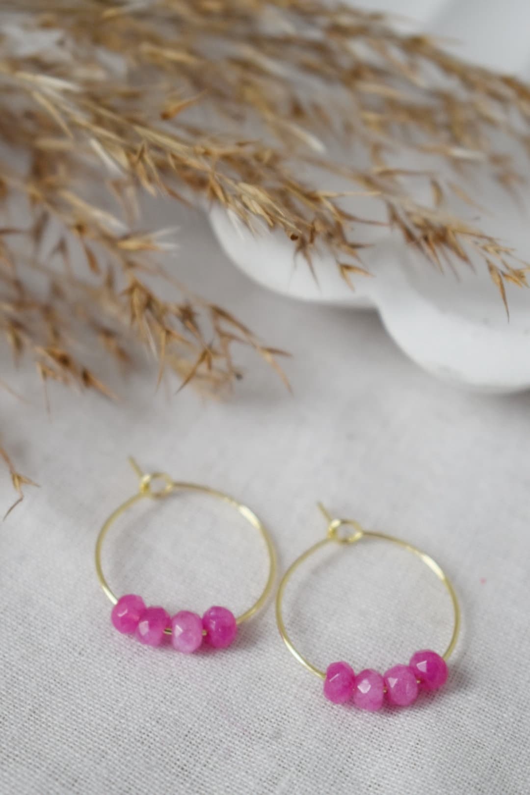 Pink jade hoop earrings, Gemstone bead creole, 18k gold plated stainless steel hoop, Minimalist earrings, Boho handmade jewelry gift for her
