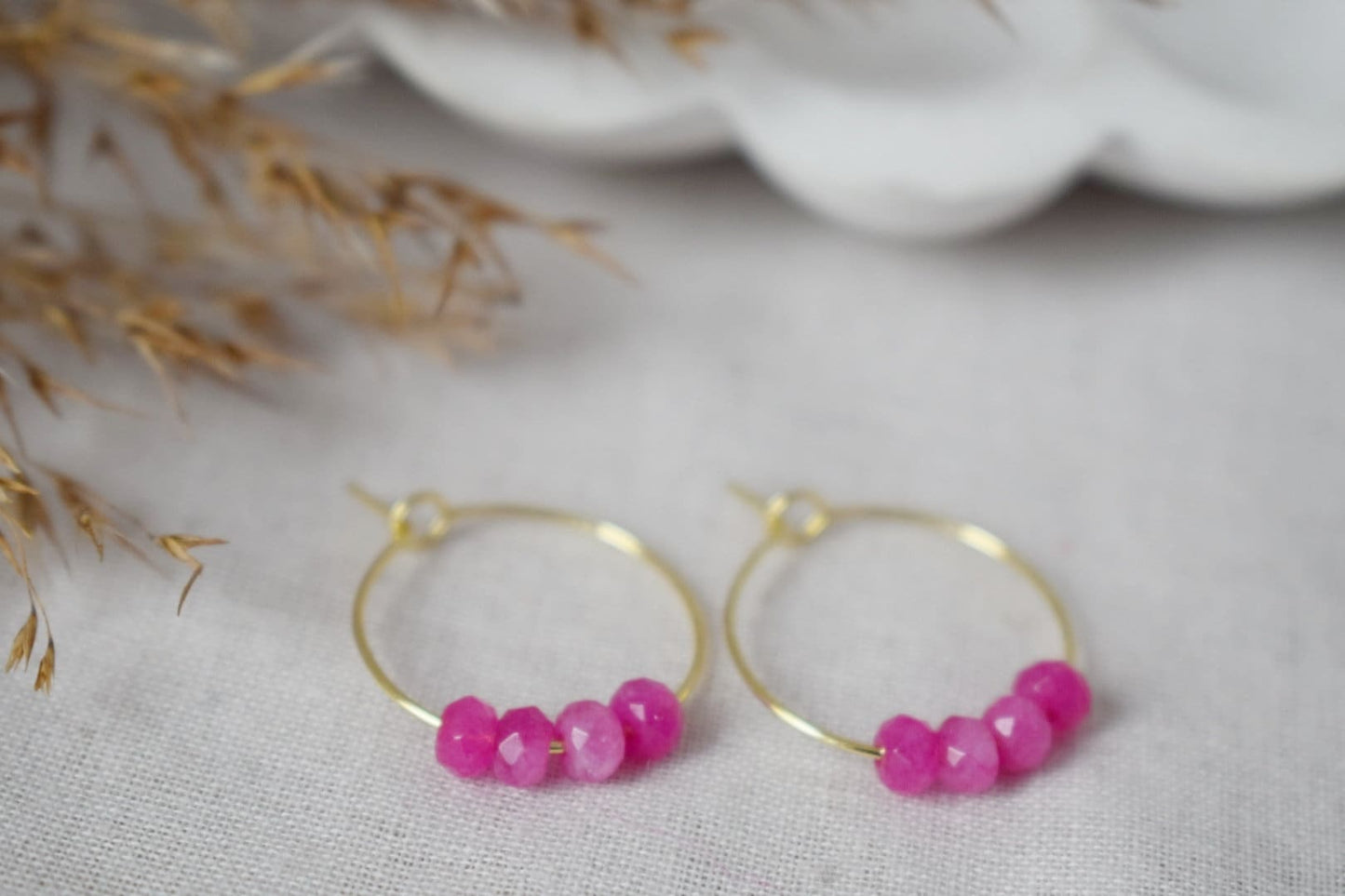 Pink jade hoop earrings, Gemstone bead creole, 18k gold plated stainless steel hoop, Minimalist earrings, Boho handmade jewelry gift for her