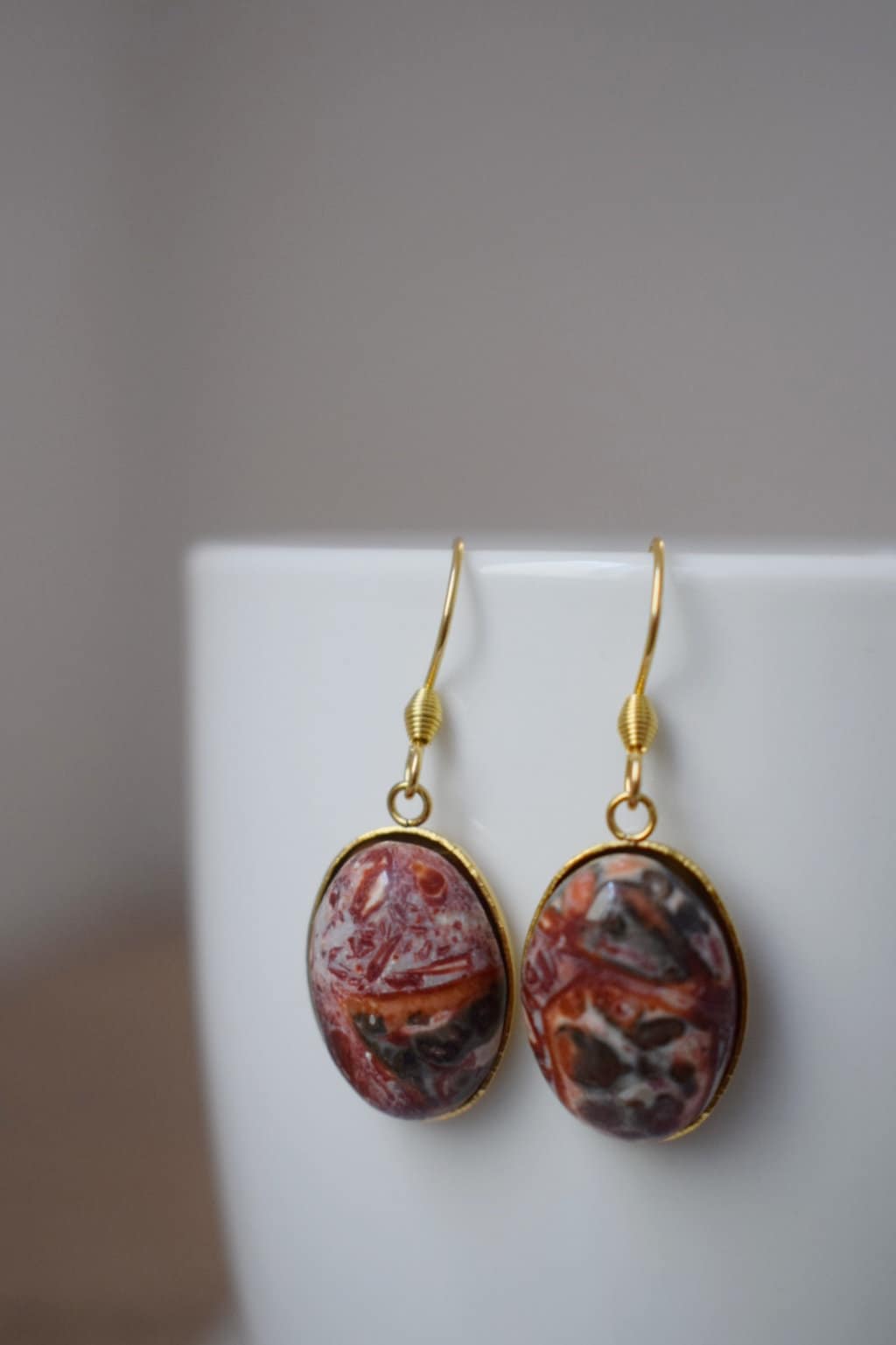 Leopard Skin Jasper Earrings Dangle, Oval Gemstone, Hanging earrings with stones, Gold Plated Stainless steel, Jasper jewelry, Gift for her