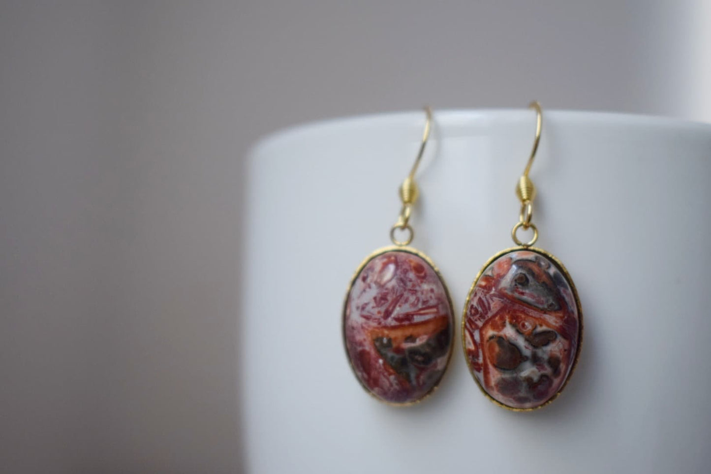Leopard Skin Jasper Earrings Dangle, Oval Gemstone, Hanging earrings with stones, Gold Plated Stainless steel, Jasper jewelry, Gift for her