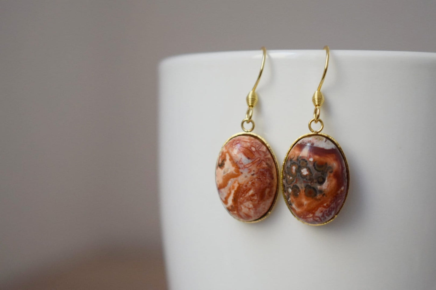 Leopard Skin Jasper Earrings Dangle, Oval Gemstone, Hanging earrings with stones, Gold Plated Stainless steel, Jasper jewelry, Gift for her