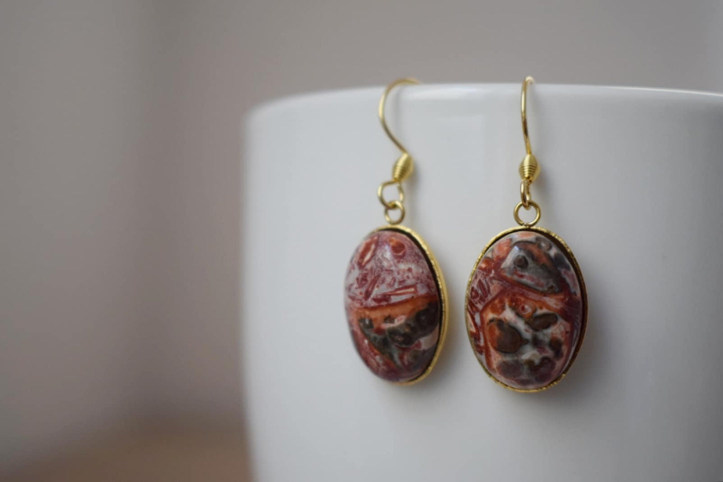 Leopard Skin Jasper Earrings Dangle, Oval Gemstone, Hanging earrings with stones, Gold Plated Stainless steel, Jasper jewelry, Gift for her