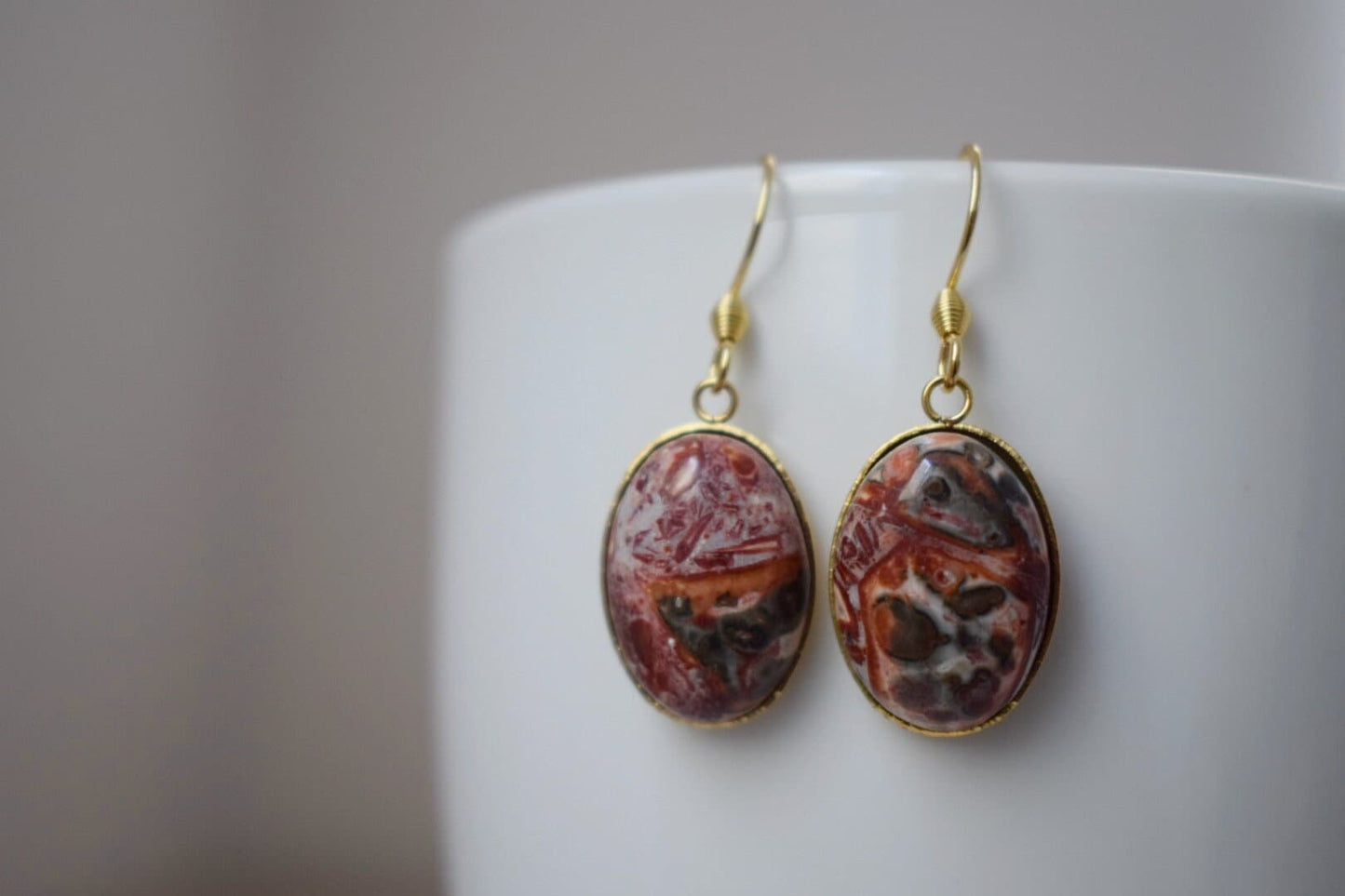 Leopard Skin Jasper Earrings Dangle, Oval Gemstone, Hanging earrings with stones, Gold Plated Stainless steel, Jasper jewelry, Gift for her