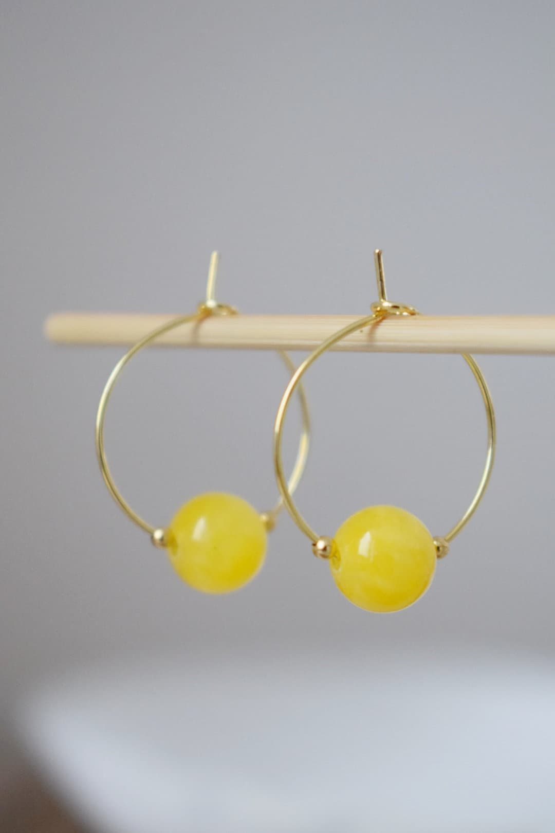 Yellow jade hoop earrings, Gemstone Creole, 18k gold plated stainless steel, Yellow bead, Minimalist, Boho handmade jewelry gift